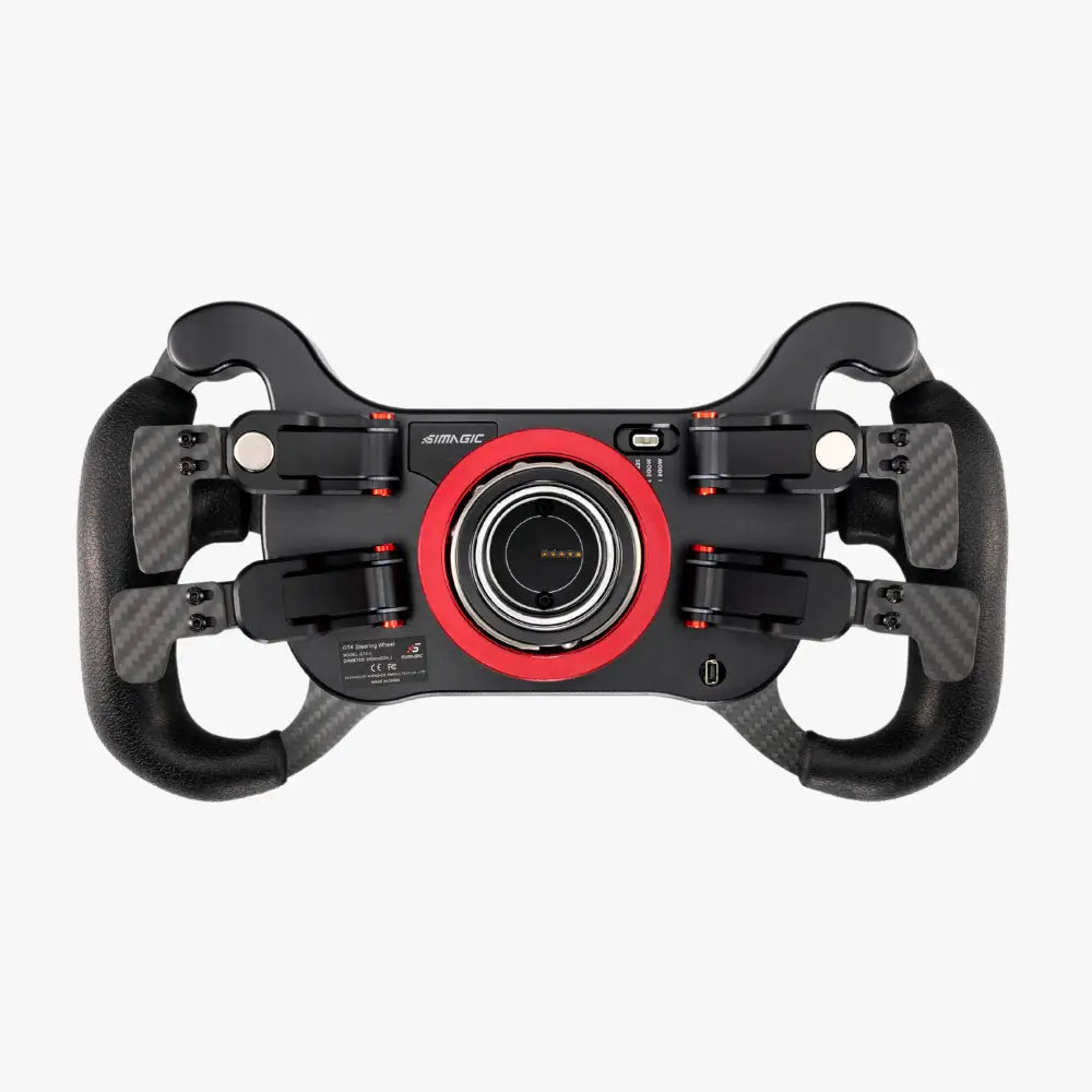 Black and red simagic gt4 steering wheel with carbon fiber accents for racing simulators