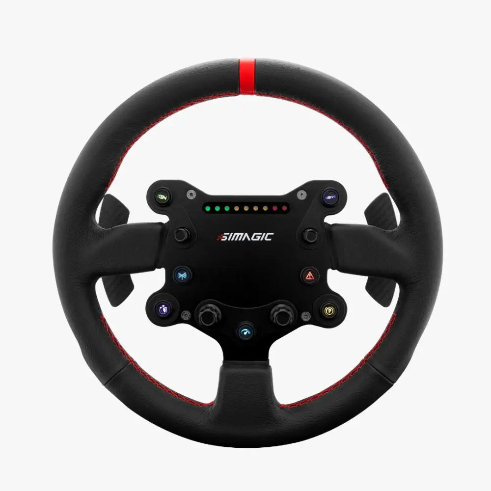 Simagic gts rounded steering wheel black racing wheel with red stitching and illuminated buttons for sim racing