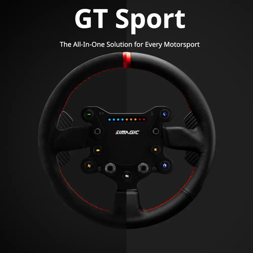 Simagic gts rounded steering wheel mustalla nahalla punaisella ompeleella ja valaistuilla painikkeilla