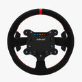 Simagic gts rounded racing steering wheel with black finish red stitching and illuminated control buttons