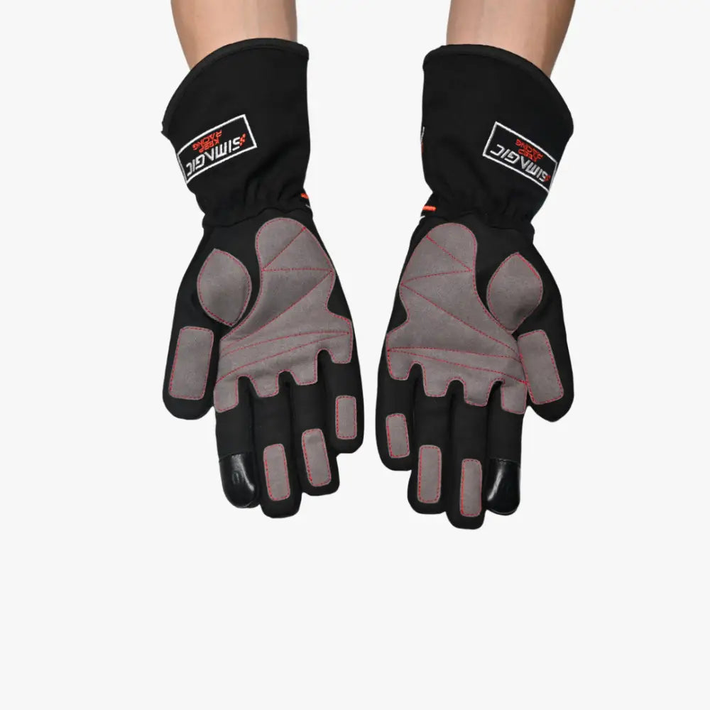 Black and gray simagic interior seams performance gloves with reinforced palms red stitching and sinn logo on wrist back side