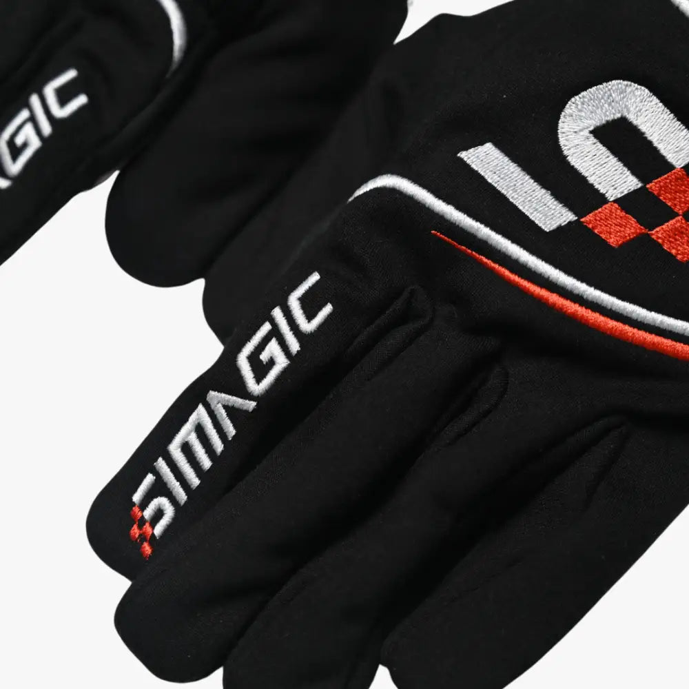 Black simagic interior seams racing gloves with white and red embroidered branding on the back side