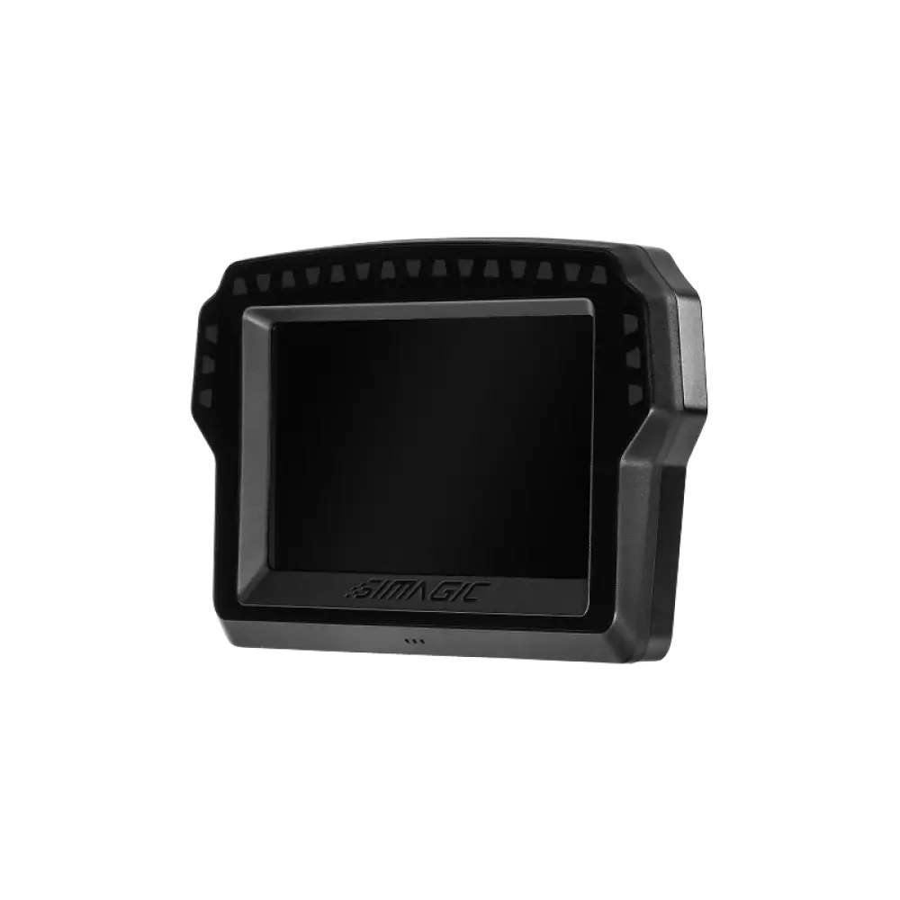 Black simagic magicdash 4 digital display unit with sleek angular design and textured edges for racing simulation