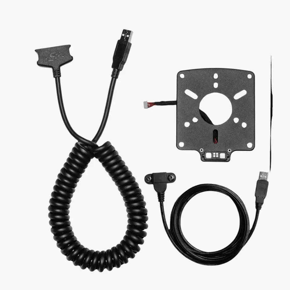 Black coiled usb cable with t-shaped connector and usb-a plug alongside black mounting plate with screw holes for simagic maglink