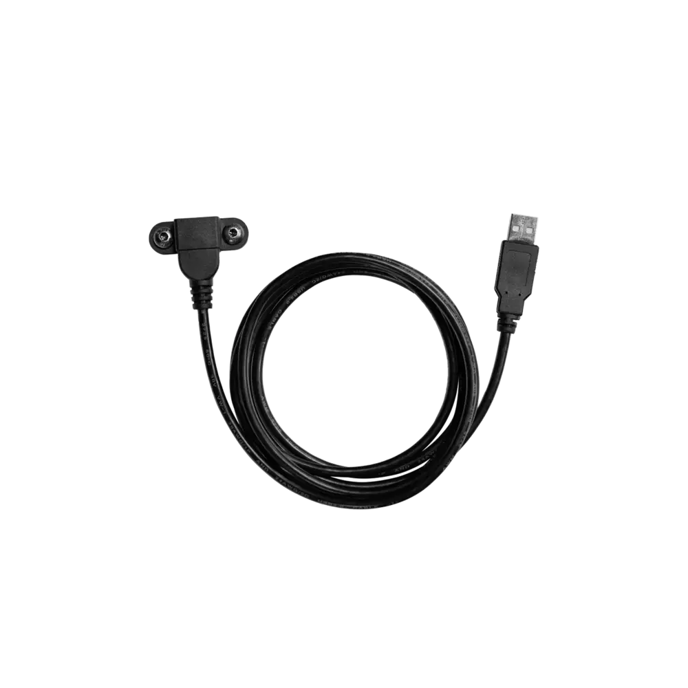 Musta usb-kaapeli simagic maglinkillä jossa usb-a-liitin ja 90 asteen kulmalla varustettu mini-usb-liitin