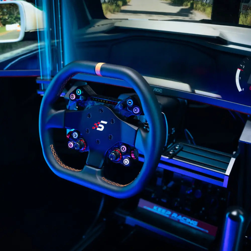 Black simagic neo x 310g gt racing steering wheel with illuminated buttons and orange stitching on leather rim