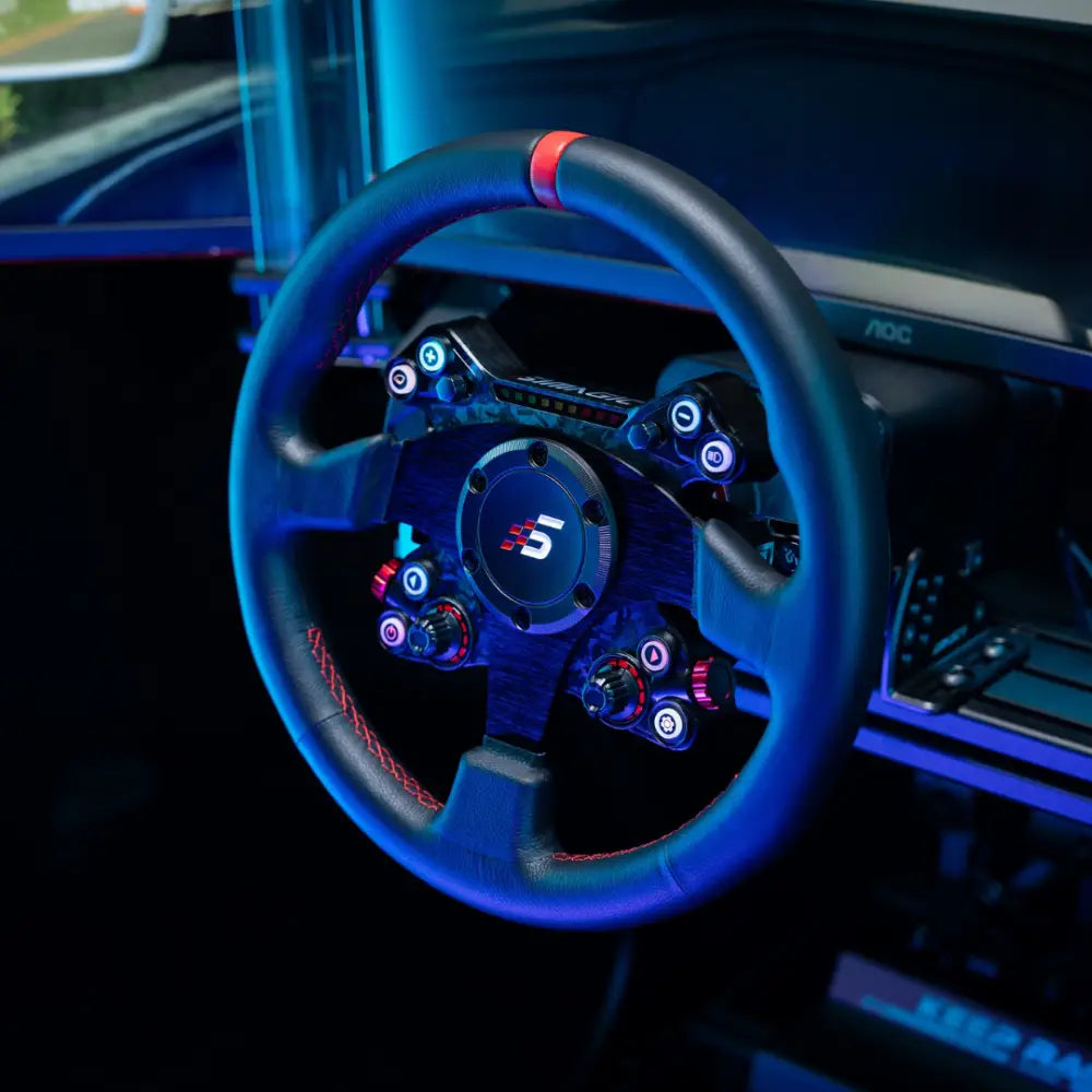 Black leather-wrapped Simagic Neo X 330R Classic steering wheel with red stitching and illuminated buttons featuring central logo