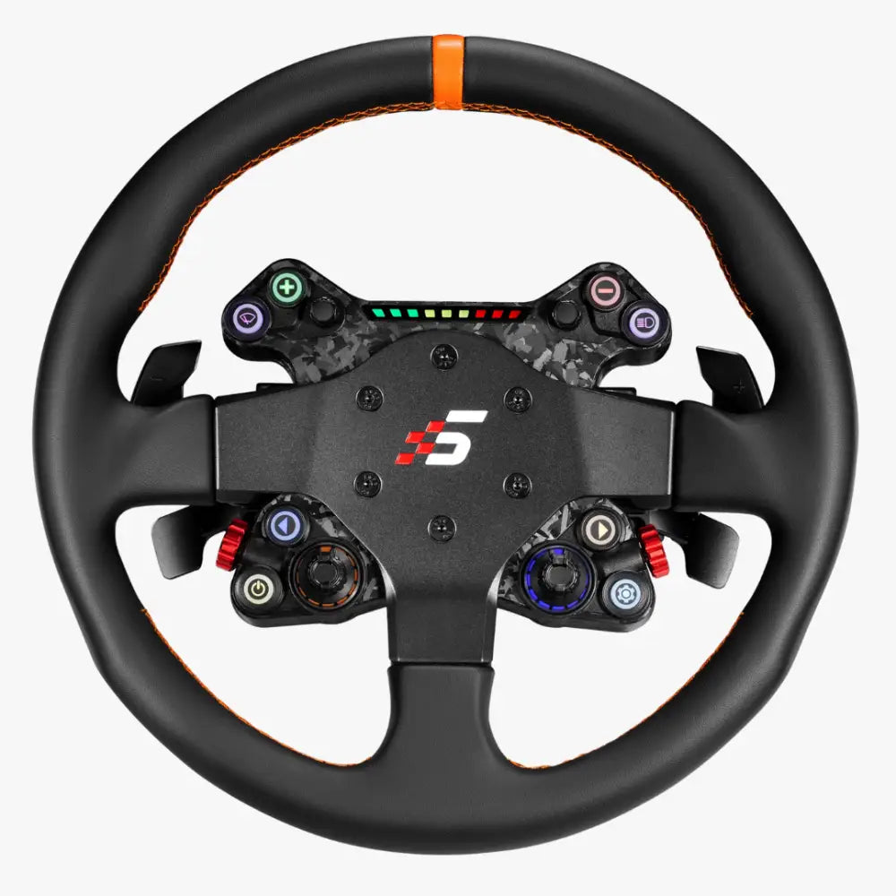 Mustan simagic neo x 330t rally -kilpaohjauspyörän oranssilla ompeleella ja värikkäillä ohjauspainikkeilla