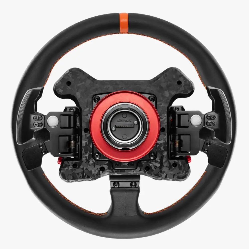 Simagic Neo X 330T rally -ohjauspyörä mustana ja punaisena hiilikuituakentein ja oranssilla ompeleella