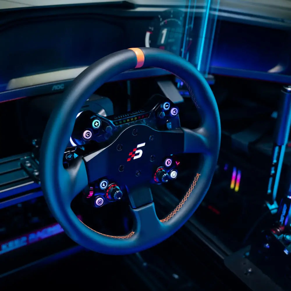 Simagic Neo X 330T rally musta kilpa-ohjauspyörä oransseilla ompeleilla ja valaistuilla painikkeilla logolla