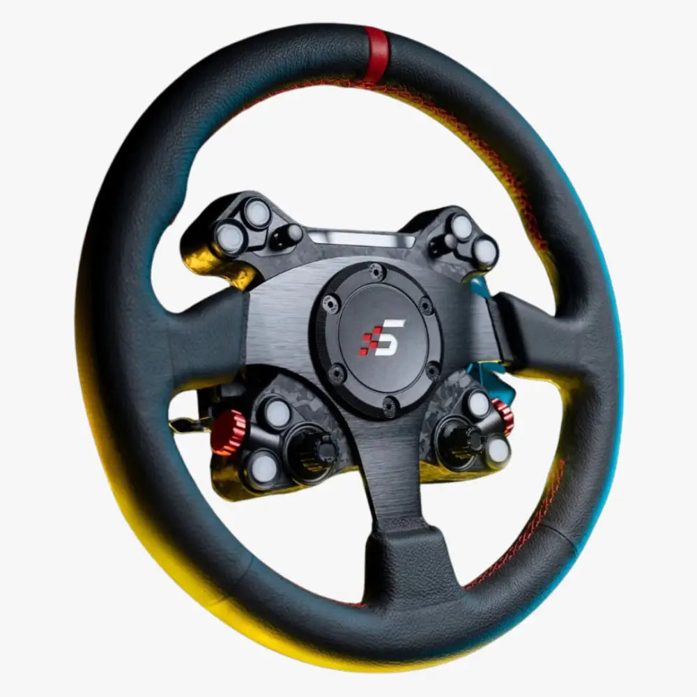 Black leather-wrapped simagic neo x hub racing steering wheel with red and yellow accents and control buttons