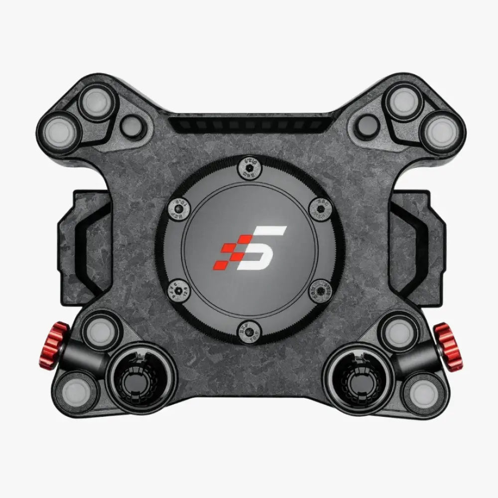 Black carbon fiber simagic neo x hub drone mount with red adjustment knobs and central orange white logo plate
