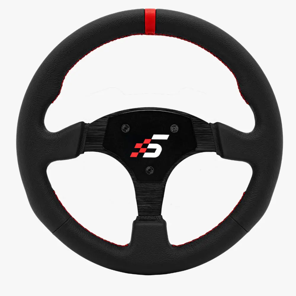 Simagic p-330r musta kilpa-ajon ohjauspyörä punaisella ompeleella ja keskellä s-logo ruutukuvion päällä