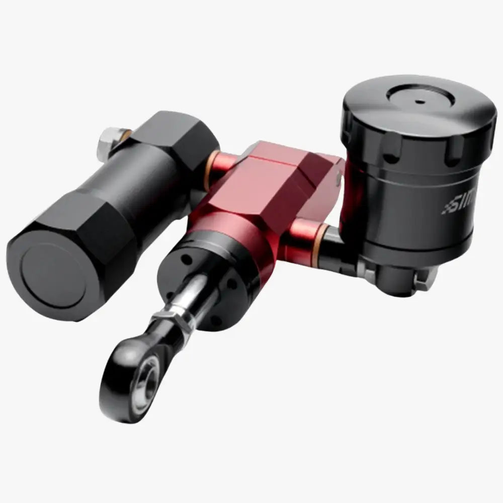 Simagic p1000 hydraulic system inverted red and black motorcycle brake caliper with silver piston rod visible from back side