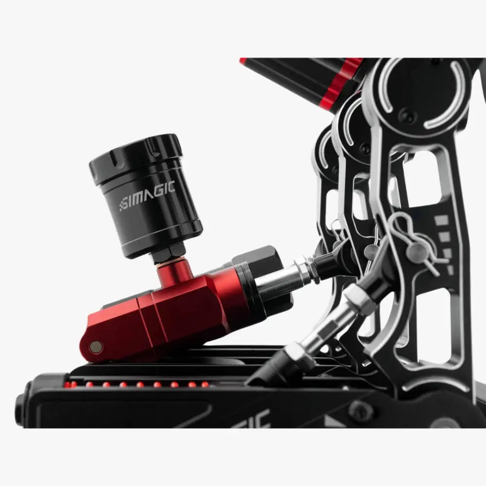 Simagic p1000 hydraulic system red and black matte simmagic camera rig component shown from the back side