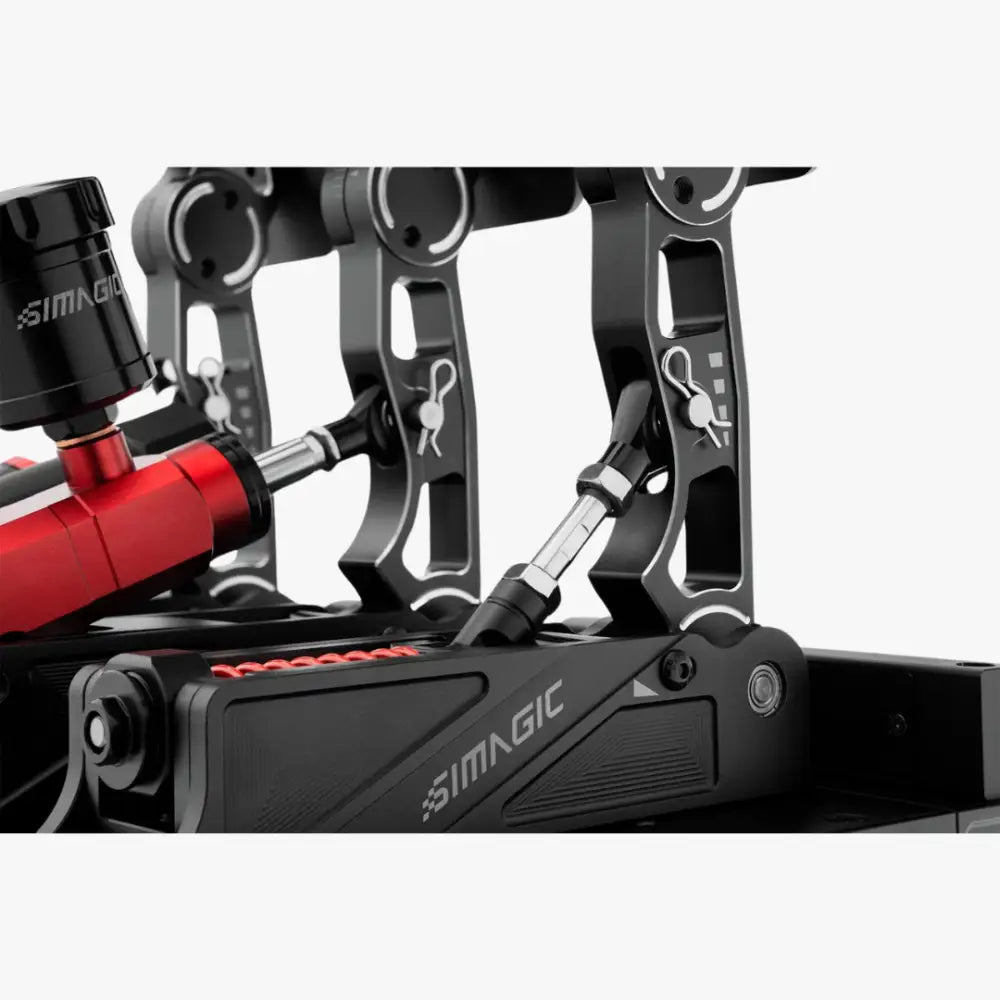 Simagic p1000 hydraulic system camera rig in black and red with metallic accents for precise motion control