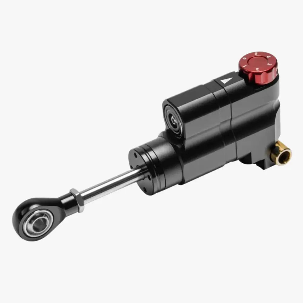 Black simagic p1000 hydraulic throttle system shock absorber with red adjustment knob and gold fittings