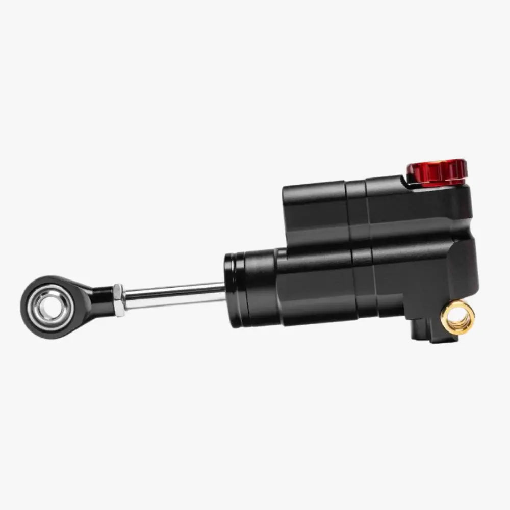 Black motorcycle shock absorber with red adjustment knob and gold fittings from simagic p1000 hydraulic throttle system