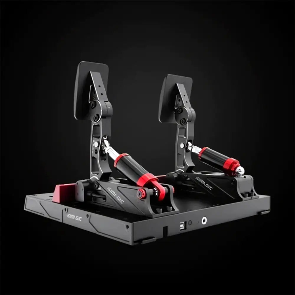 Simagic p1000 modulaarinen 2-poljinsetti musta ja punainen metallisilla yksityiskohdilla simracingiin