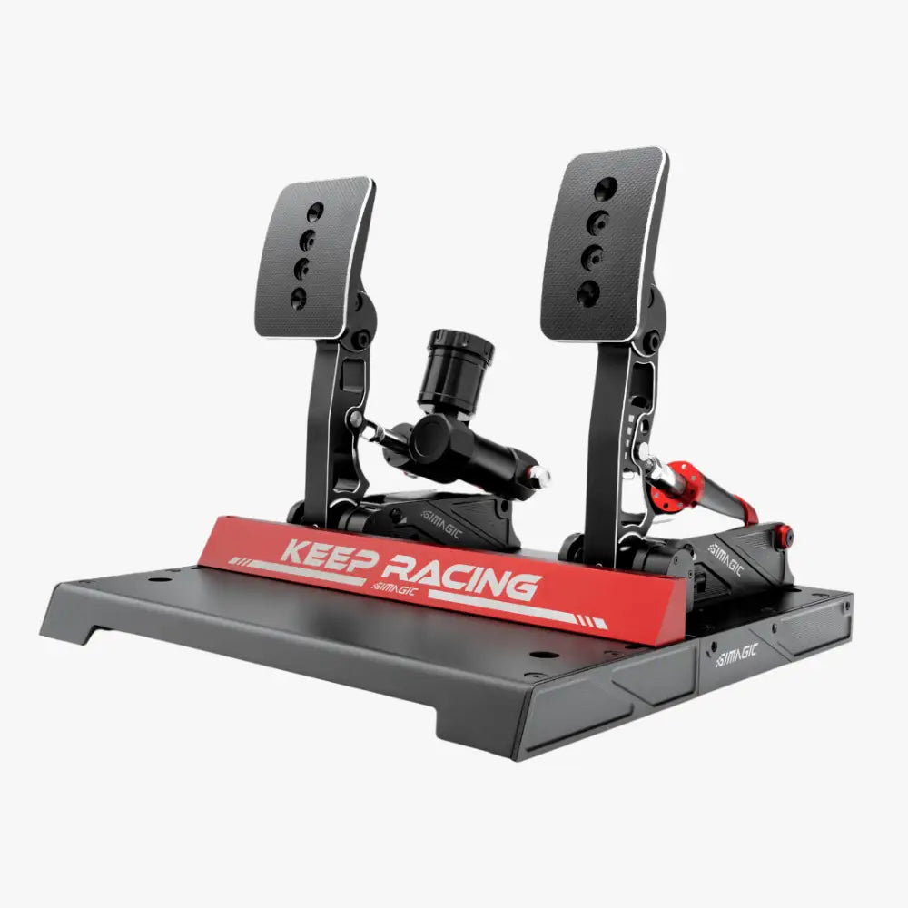 Simagic p1000 modulaarinen hydraulinen 2-poljinsetti musta ja punainen metallipinta keep racing logolla