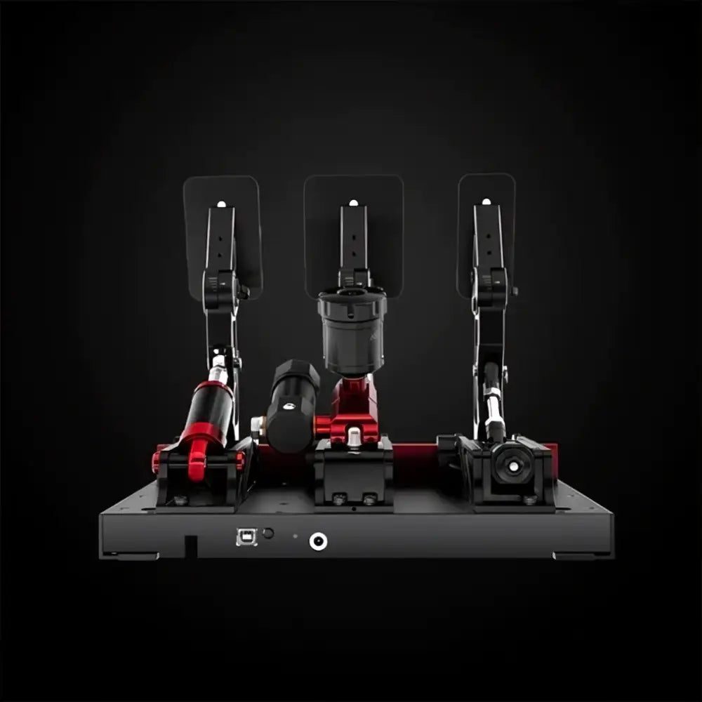 Simagic p1000 modulaarinen hydraulinen kolmipoljin punainen ja musta urheilullisella modernilla muotoilulla