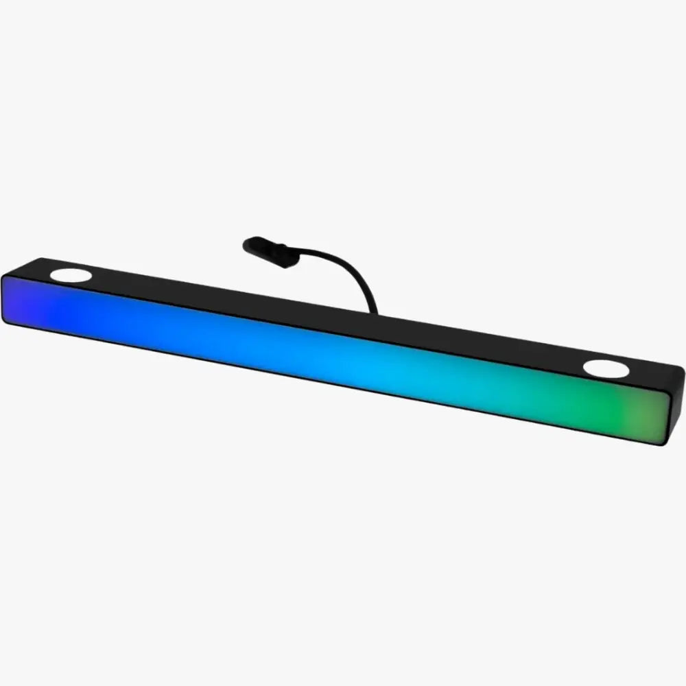 Musta suorakaiteen muotoinen led-valopalkki simagic p1000 sim ray-bar jossa kiiltävä pinta ja sinivihreä liukuvärivalo