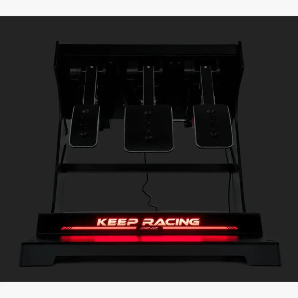 Simagic p1000 sim ray rgb heel stop musta kilpa-ajonpoljinsetti valaistulla keep racing led-nauhalla alapohjassa