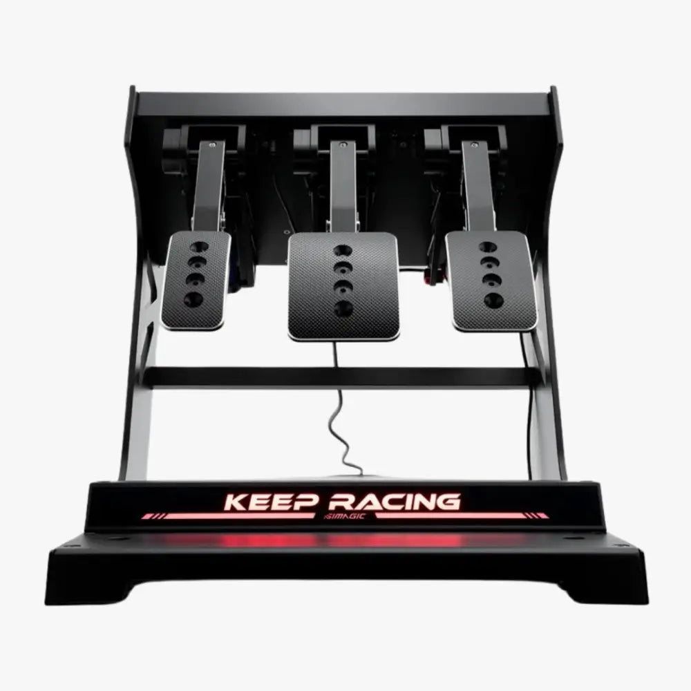 Black racing pedal set with carbon fiber texture and red led lighting branded keep racing from simagic p1000 sim ray rgb heel stop