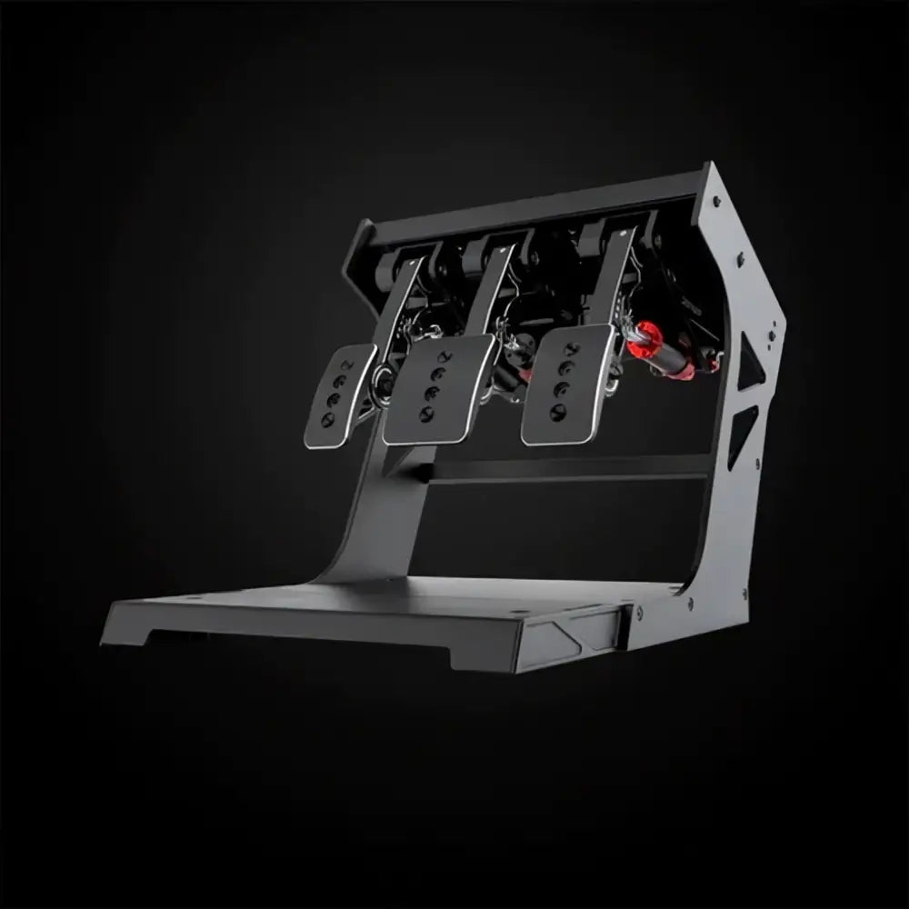 Black metal simagic p1000i modular inverted hydraulic 3-pedal set with three foot pedals and sturdy frame