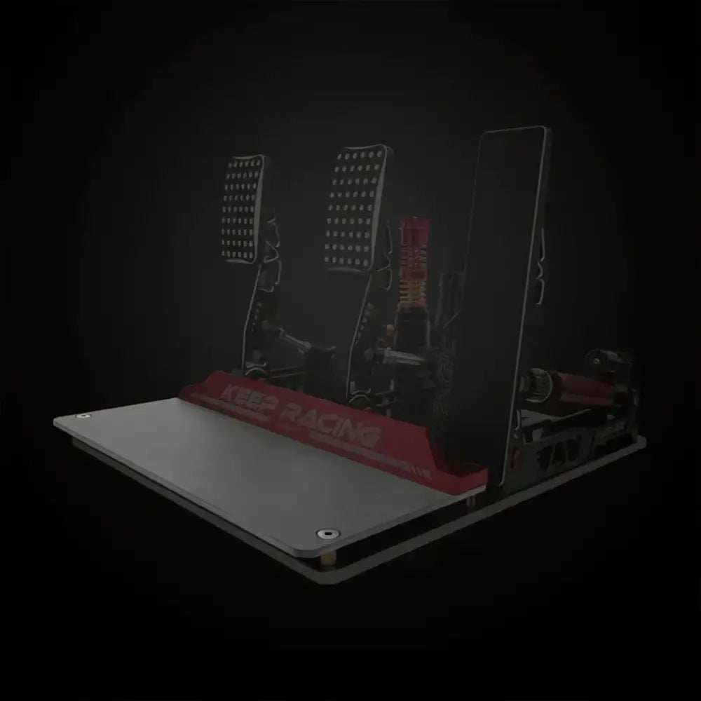 Simagic p2000 carbon fiber heel riser with red and black racing pedals and metallic base for sim racing use