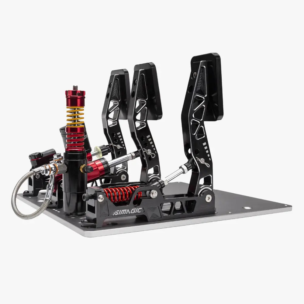 Simagic p2000 hydraulic 200kg 3-pedaalinen musta ja punainen metalliset korostukset ja kulmikas muotoilu