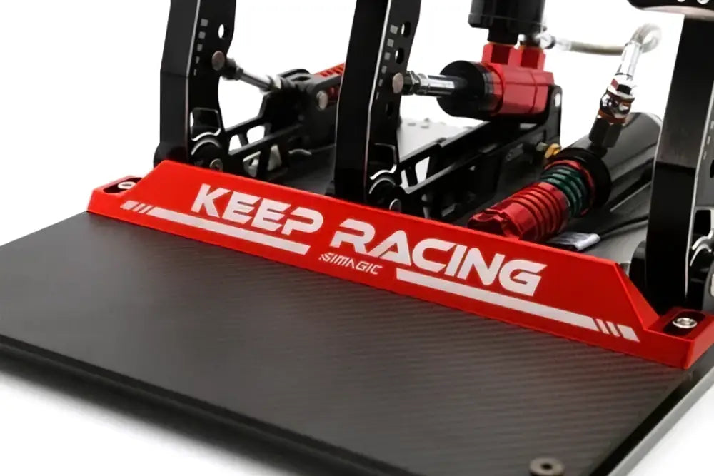 Simagic p2000 pedal heel stop with red keep racing branded pedal assembly and black and red components
