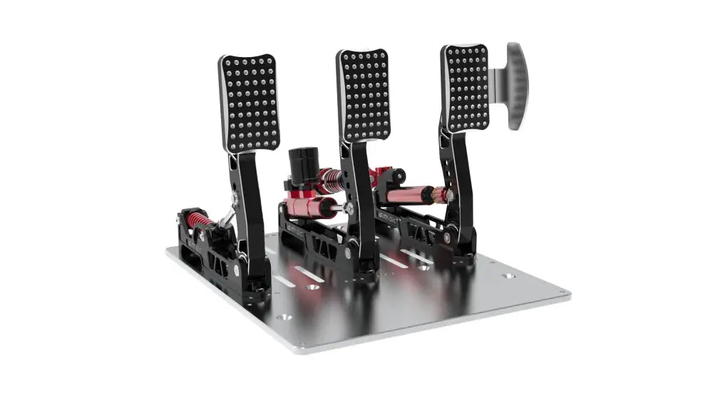 Simagic p2000 side throttle plate black racing pedal set with red springs and silver base plate displayed from the back side