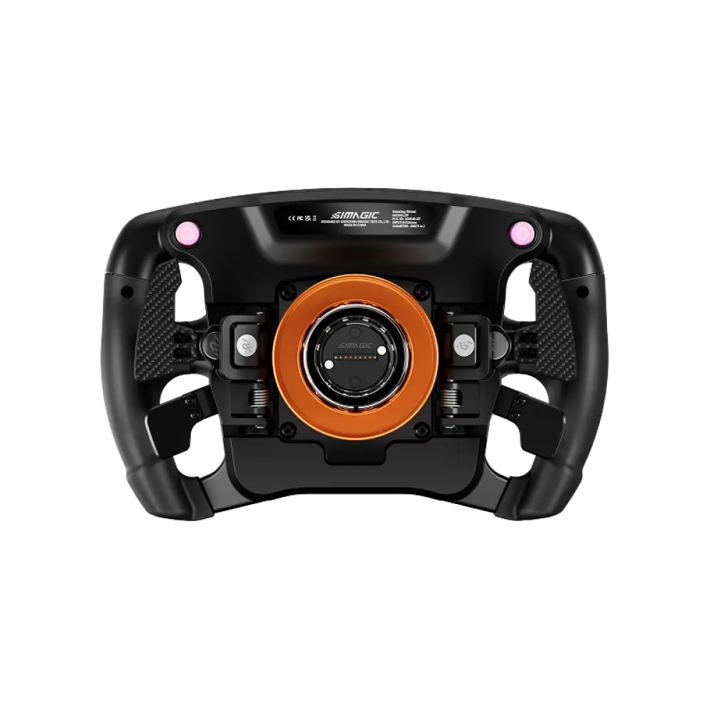 Black simagic racing wheel with orange center hub and carbon fiber textured grips for simagic push-pull paddle shifter module