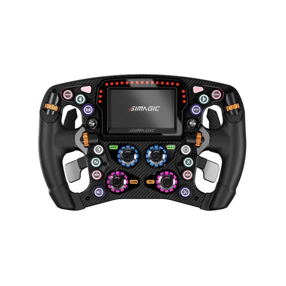 Black simagic push-pull paddle shifter module racing steering wheel with carbon fiber texture and colorful illuminated buttons
