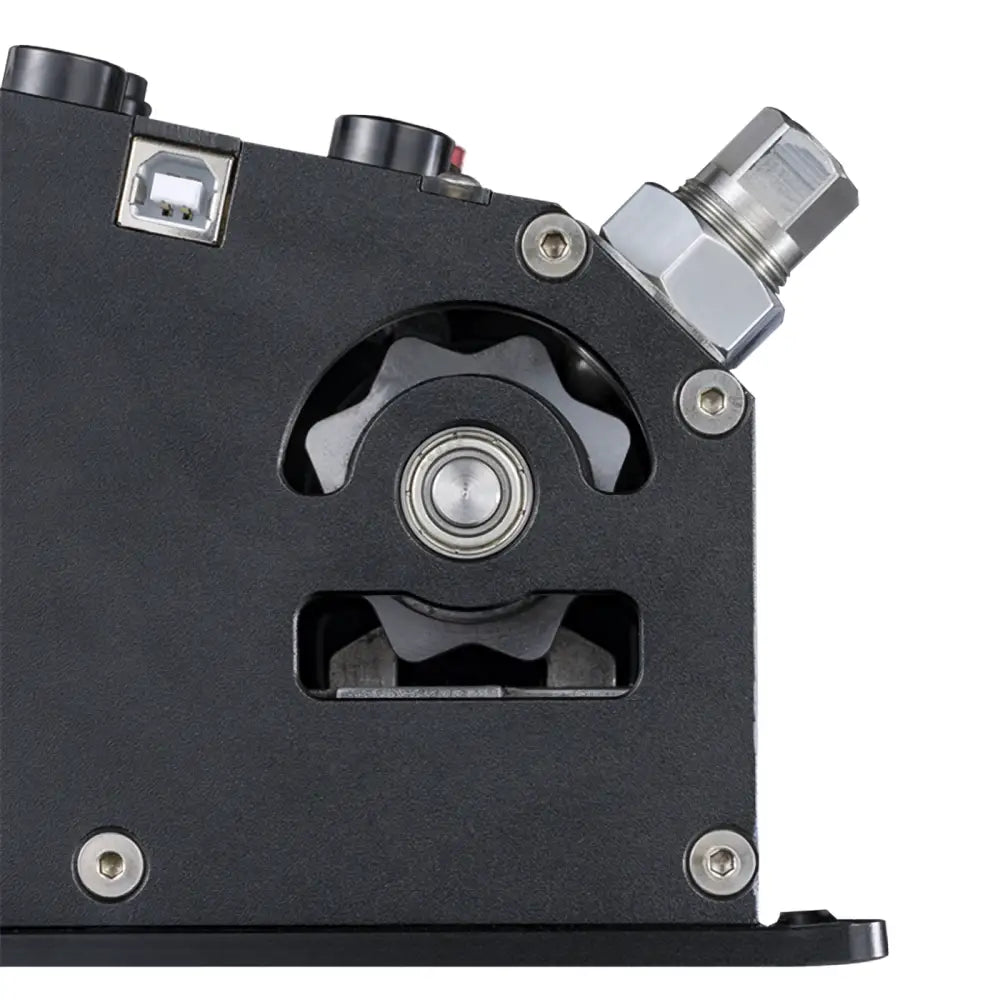 Black industrial-grade simagic q1 sequential shifter motor with metallic silver accents and usb port on the side