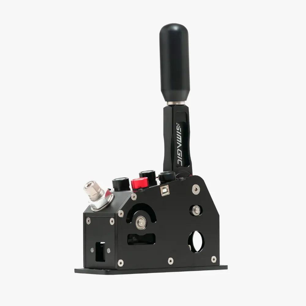 Simagic Q1 sequential shifter mustalla teksturoidulla kahvalla ja punaisilla painikkeilla kilpa-ajossa käytettävä