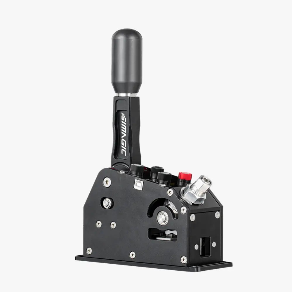 Black simagic q1 sequential shifter with matte finished handle and metallic components for racing use
