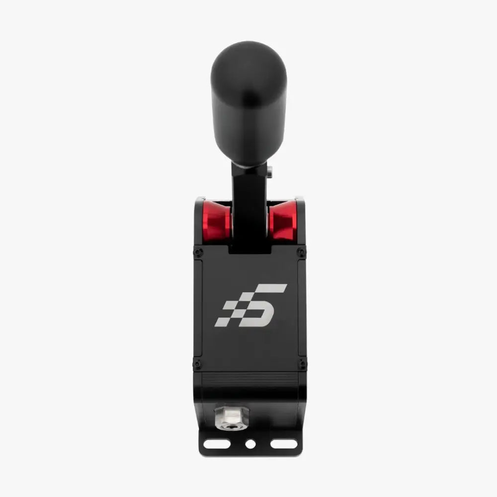 Simagic Q1S sequential shifter mustassa kilpa-auton vaihdekepissä punaisilla korostuksilla ja hopeisella logolla