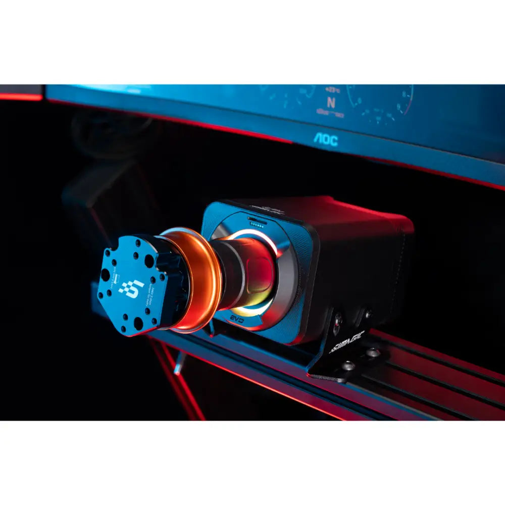 Black and blue simagic QR-A USB quick-release gaming joystick with orange illuminated ring for racing simulation