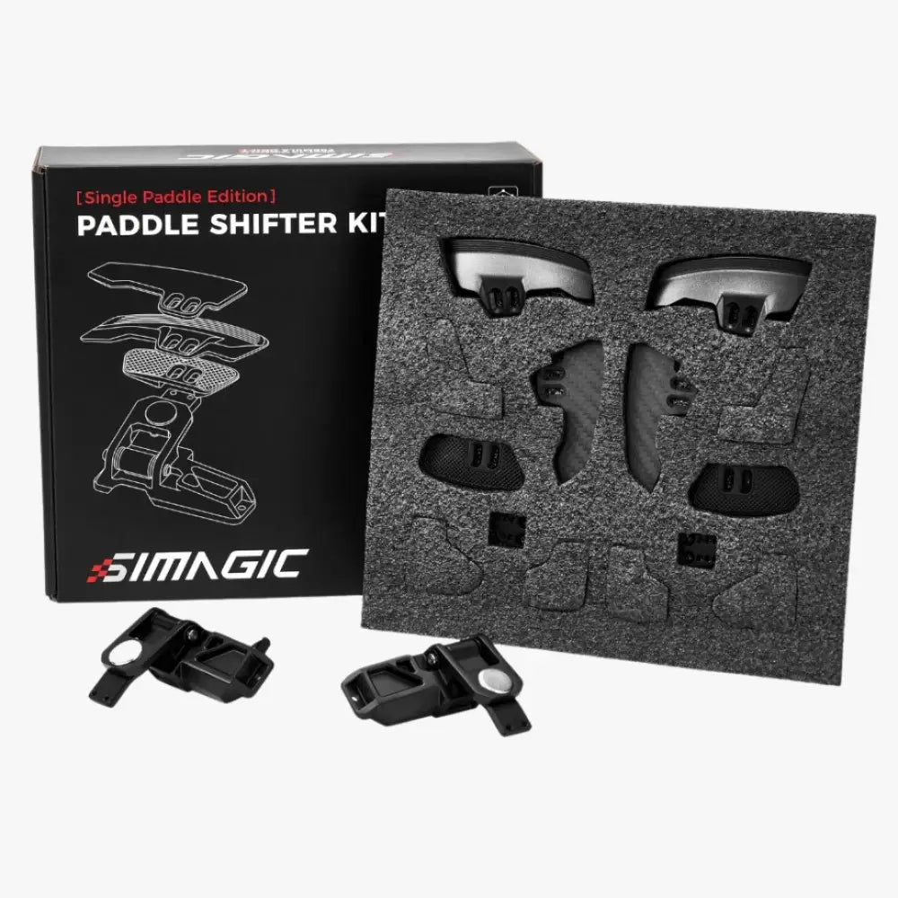 Mustat hiilikuituiset simagic single paddle shifter -moduulin peliohjaimen vaihtovitjat edestä kuvattuna