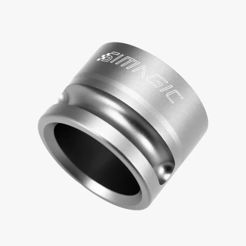 Silver metallic simagic steering wheel mount ring with sleek cylindrical design and brushed finish