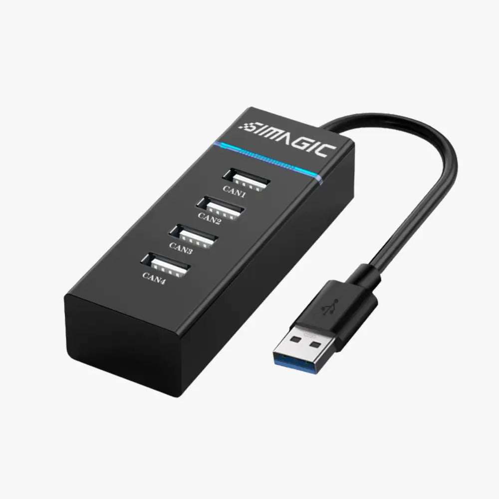 Simagic usb extender p-e114 musta usb 3.0 hub neljällä portilla ja sinisellä valonauhalla reunassa