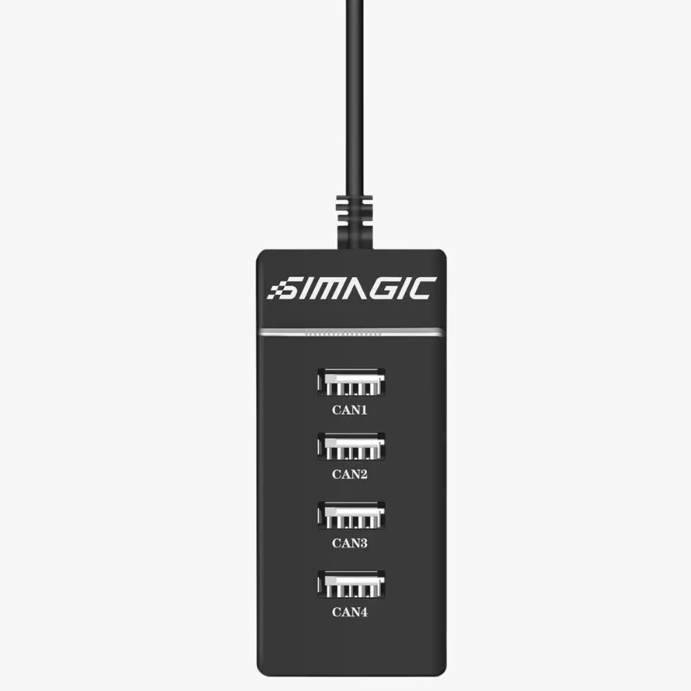 Black simagic usb extender pe114 hub showing the back side with four labeled can ports and a power cable connected