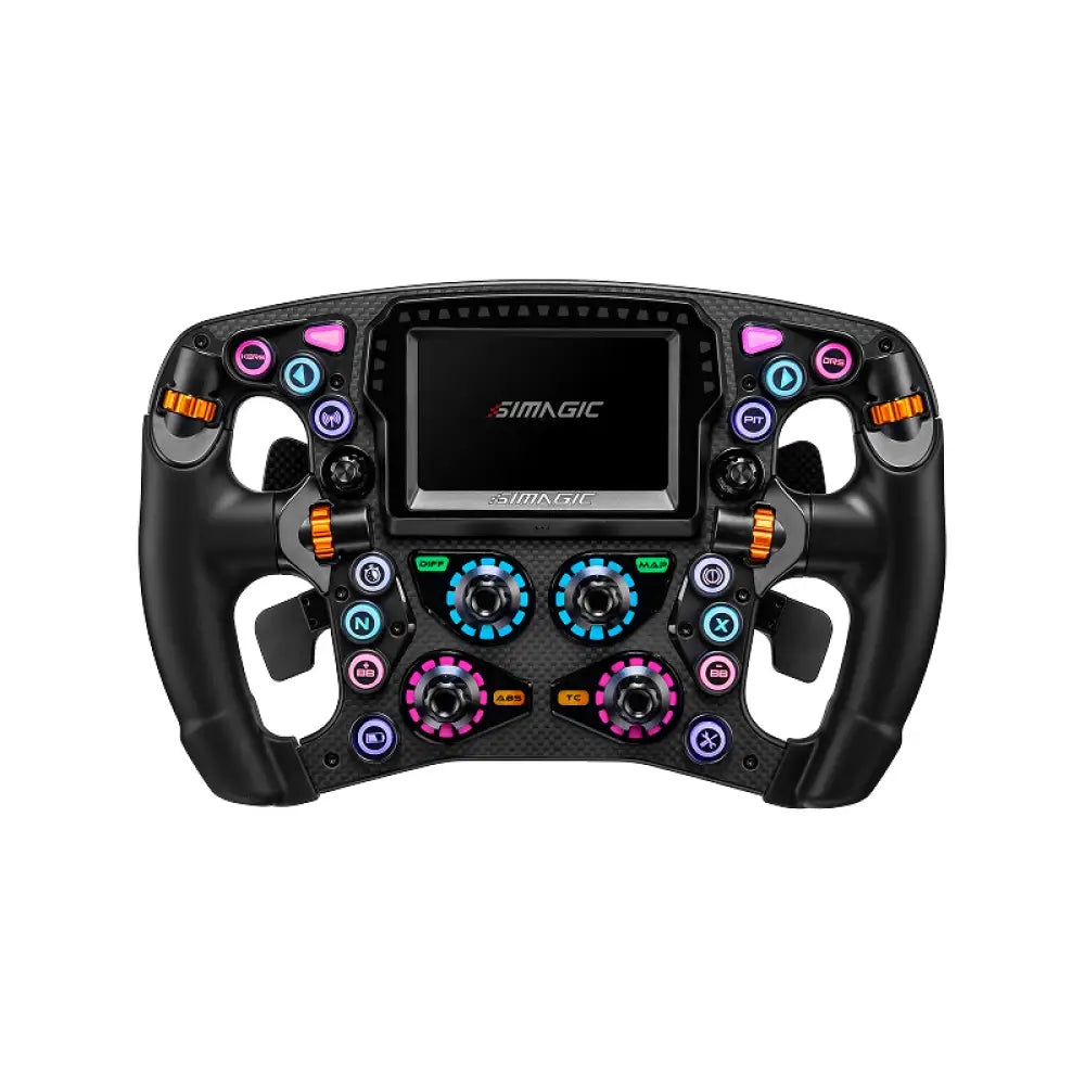 Black simagic Zeus Formula racing steering wheel with colorful illuminated buttons and central touchscreen display