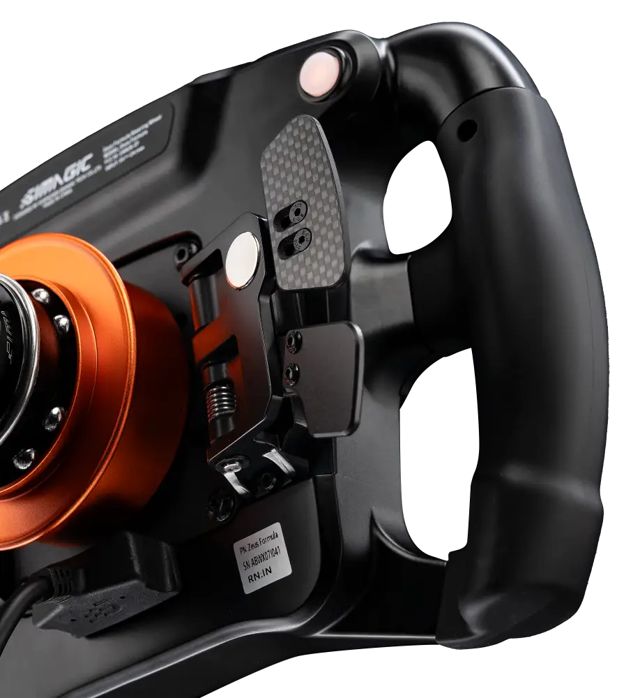 Black and orange simagic Zeus Formula racing flight stick with carbon fiber accents for sim racing use