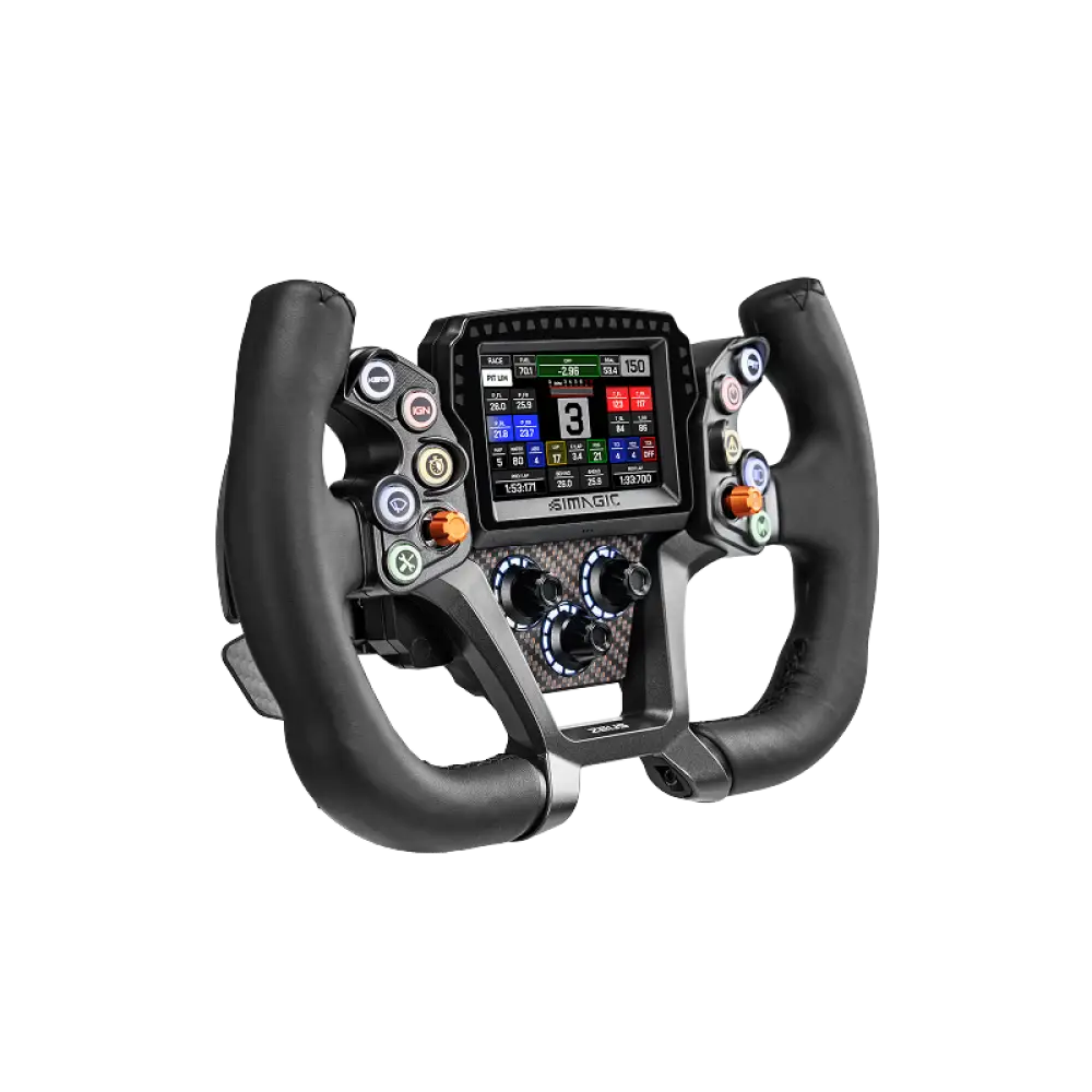 Mustan simracing ohjauspyörän simagic zeus gt jossa keskellä kosketusnäyttö ja hiilikuitu yksityiskohdat
