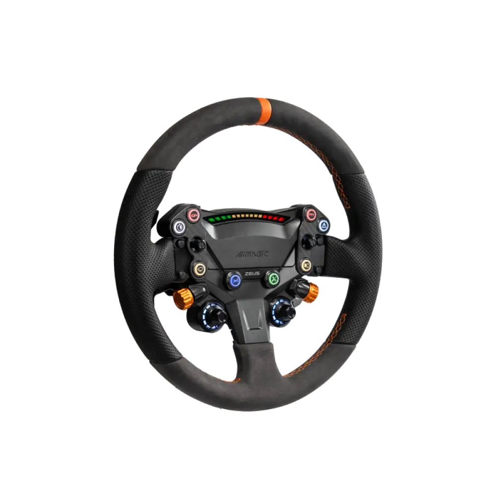 Simagic zeus sport racing-ohjauspyörä mustalla pinnalla ja oransseilla korostuksilla valaistuilla painikkeilla