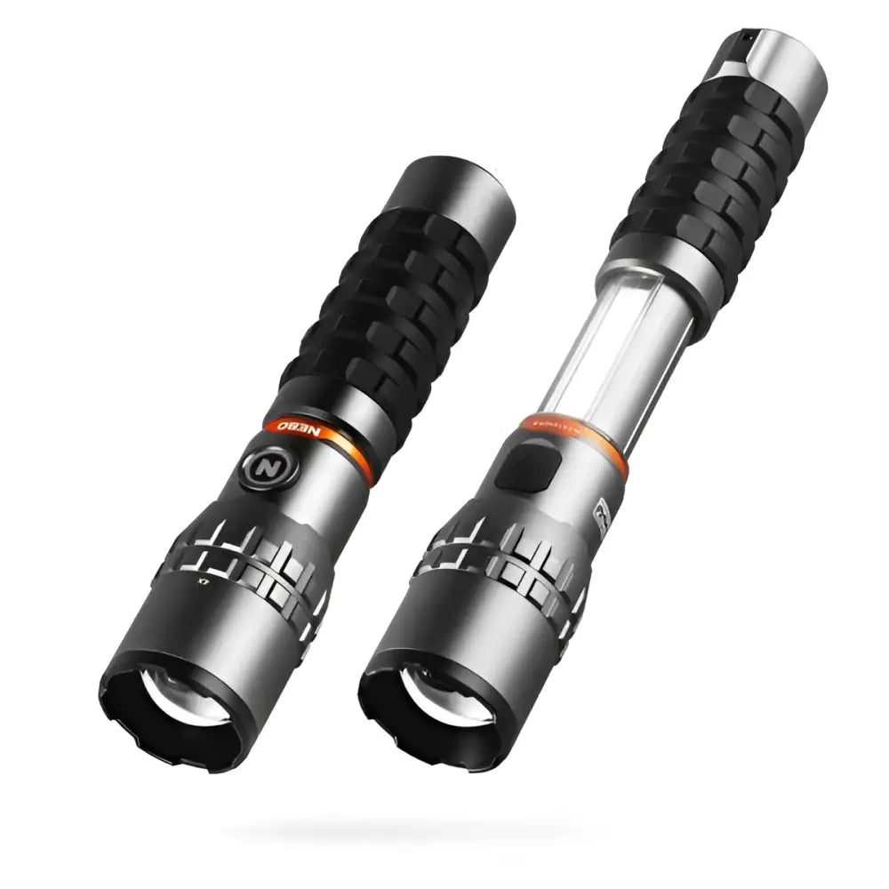 Black and silver nitecore slyde king 2k flashlight with textured grips and orange accent rings