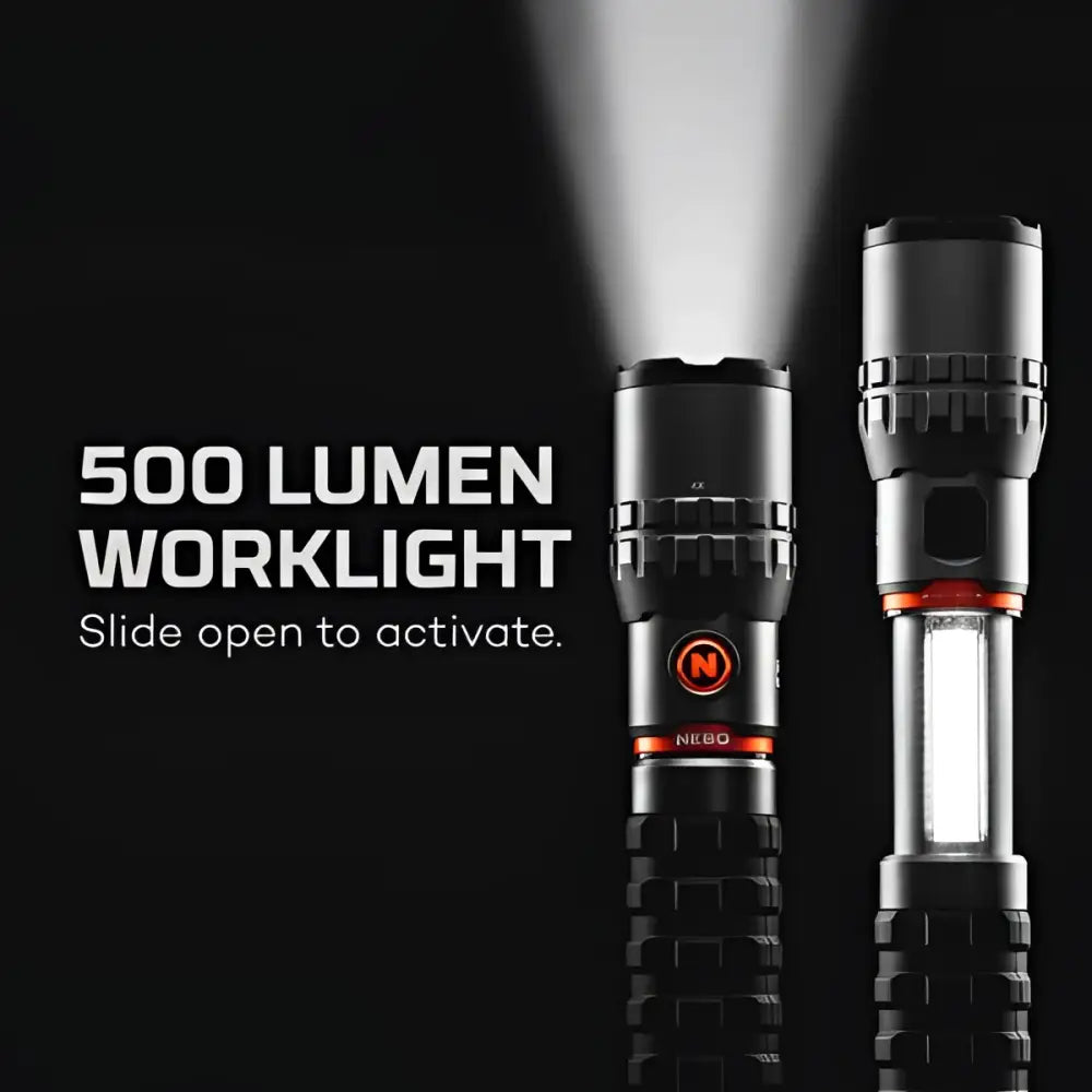 Slyde king 2k musta ja oranssi nebo 500 lumenin työvalo teksturoidulla otteella ja näkyvällä led-valopalkilla